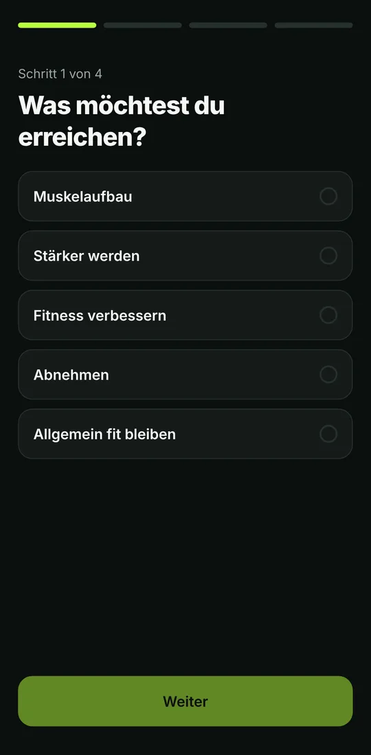 Onboarding, Schritt 1 von 4: Auswahl des Trainingsziels.