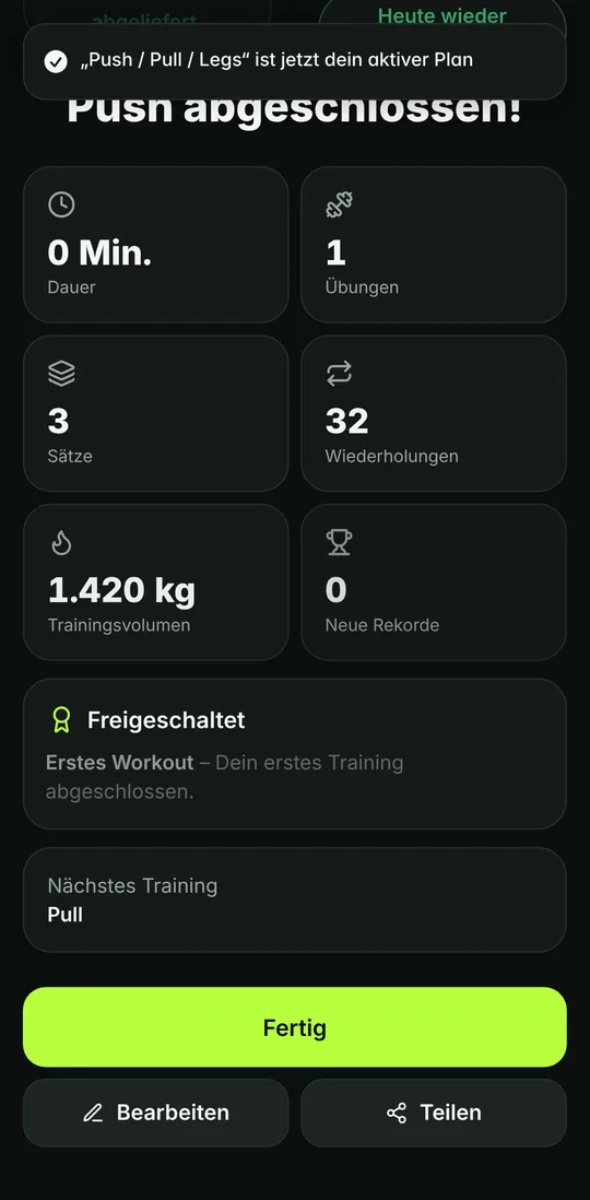 Zusammenfassung nach dem Training mit Dauer, Sätzen, Wiederholungen und Trainingsvolumen.