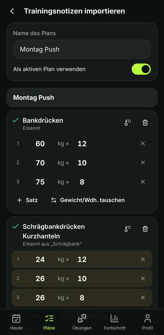 Vorschau des Notizen-Imports mit erkannten Übungen; unsichere Sätze sind farbig hinterlegt.